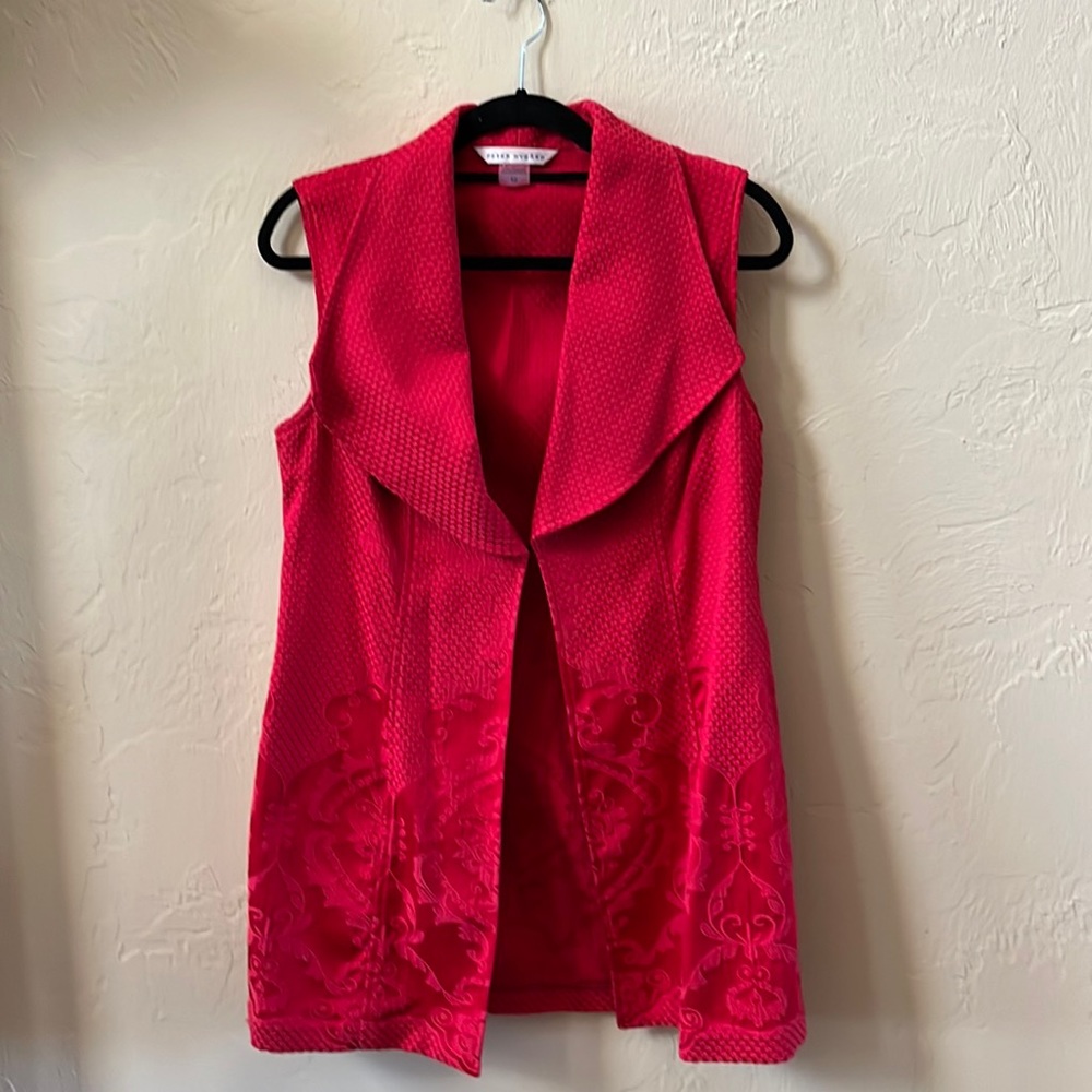 Peter Nygård size 10 tomato red embellished long vest.